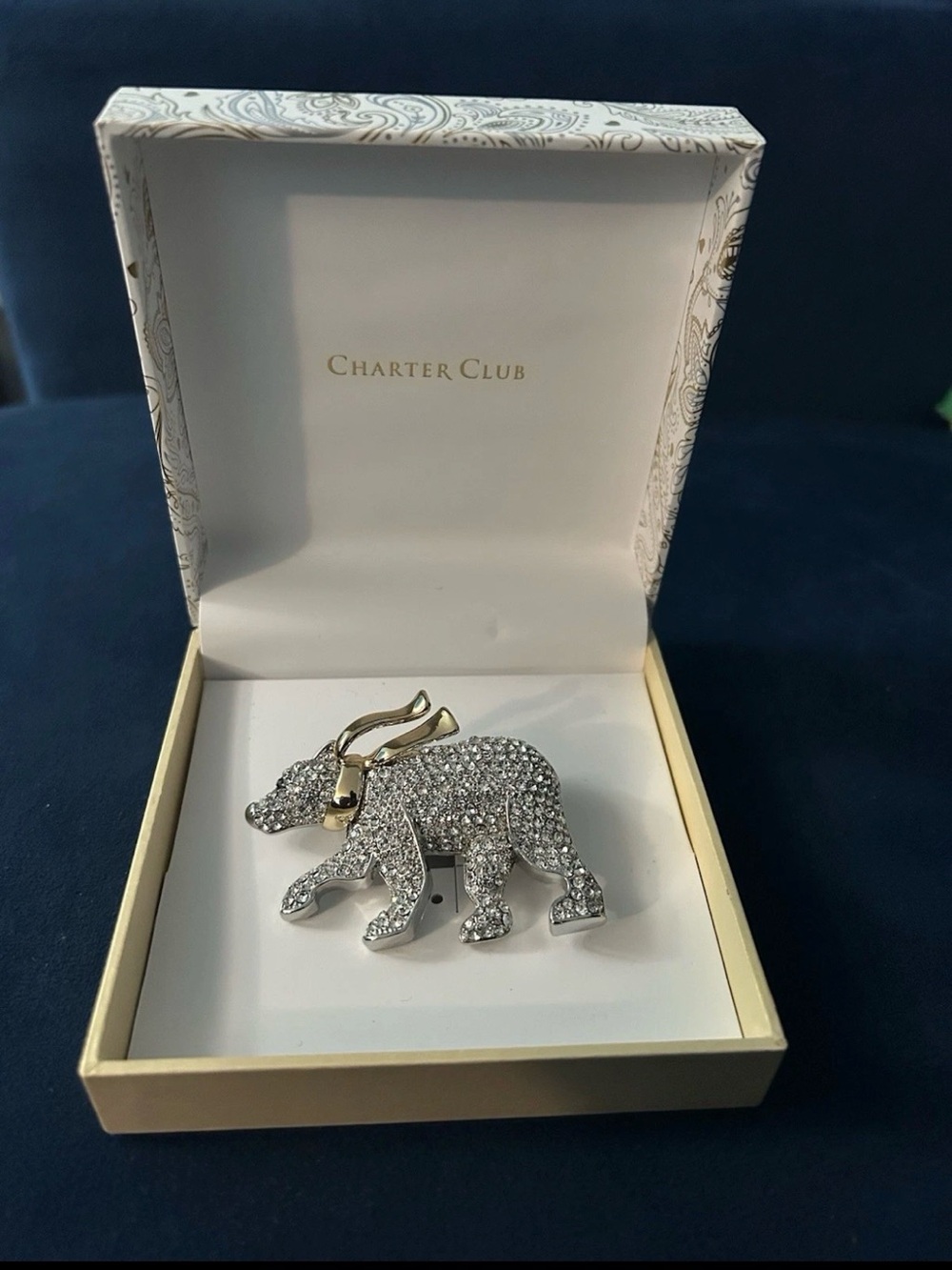 Charter Club Silver Crystal Bear Brooch with Gold-Tone Horn